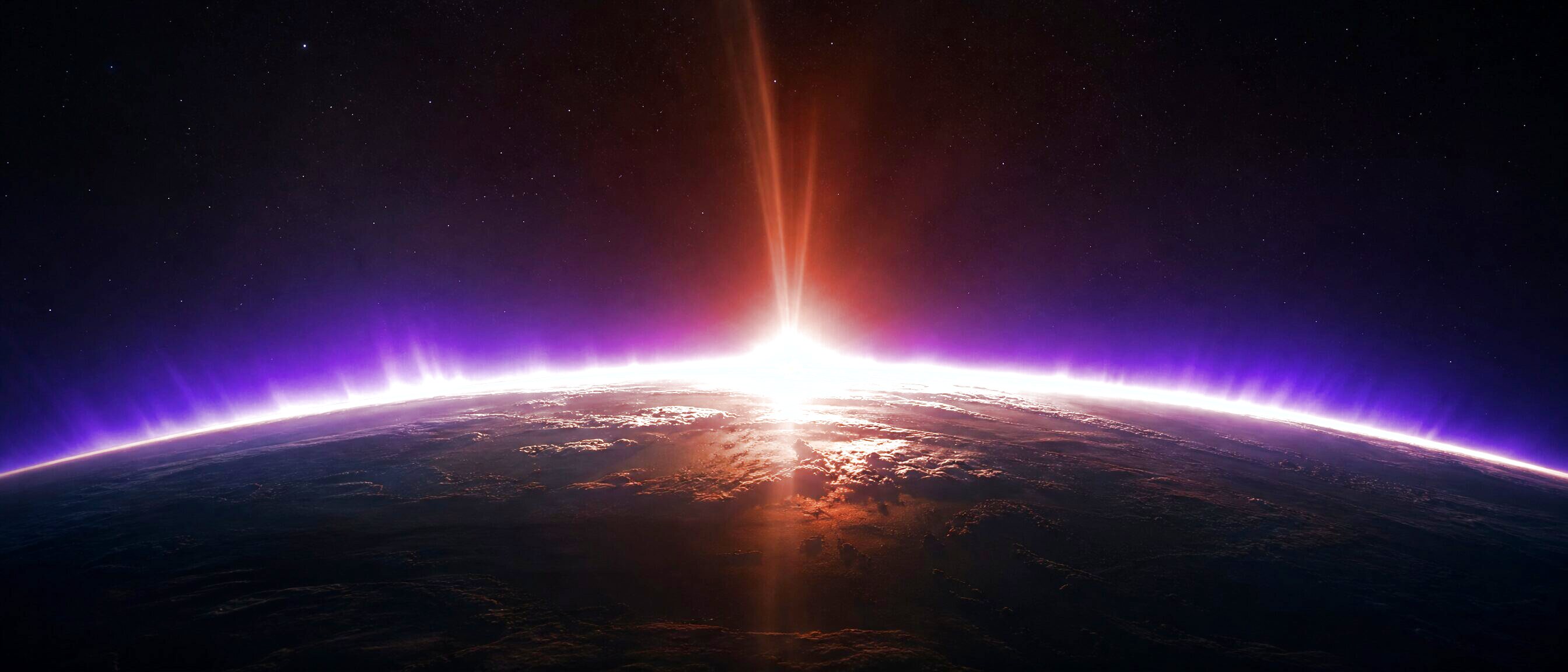 Cosmic dawn breaking over a planetary horizon